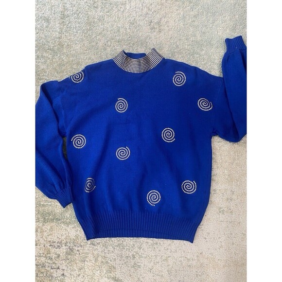 St John Separates Size Large Blue Swirls Gold Studs  Turtleneck Sweater Vintage - Picture 1 of 8
